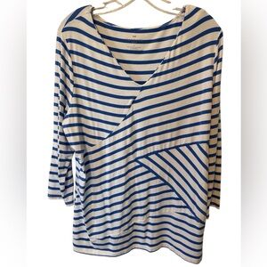 Talbots Striped White and Blue Faux Wrap Knit Front Top Sz 1X 3/4 Sleeve